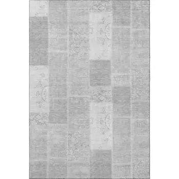 9' X 12' Silver And Ivory Patchwork Washable Area Rug With UV Protection