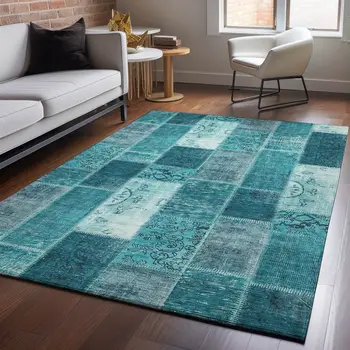 5' X 8' Teal And Ivory Patchwork Washable Area Rug With UV Protection