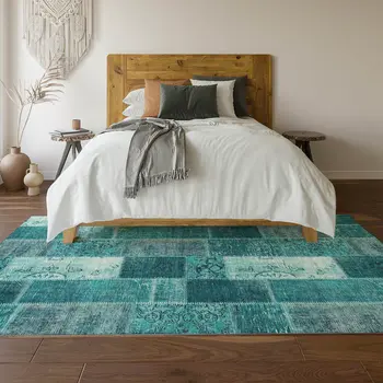 5' X 8' Teal And Ivory Patchwork Washable Area Rug With UV Protection