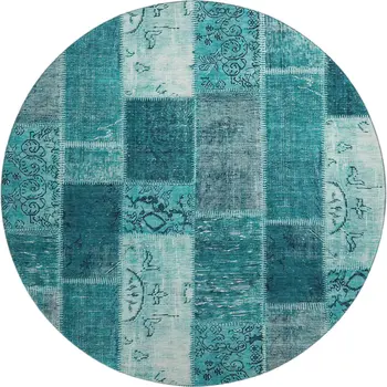 8' Teal And Ivory Patchwork Washable Round Rug With UV Protection