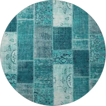 8' Teal And Ivory Patchwork Washable Round Rug With UV Protection