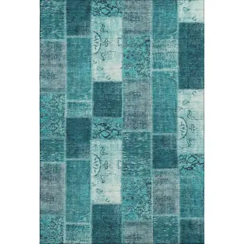10' X 14' Teal And Ivory Patchwork Washable Area Rug With UV Protection