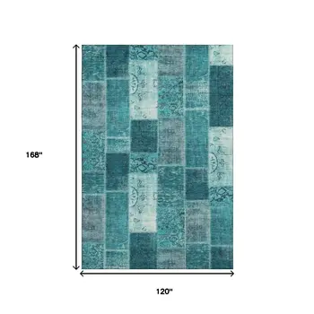 10' X 14' Teal And Ivory Patchwork Washable Area Rug With UV Protection