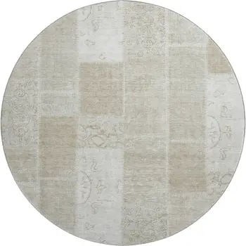 8' Taupe And Ivory Patchwork Washable Round Rug With UV Protection