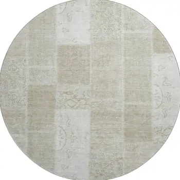 8' Taupe And Ivory Patchwork Washable Round Rug With UV Protection