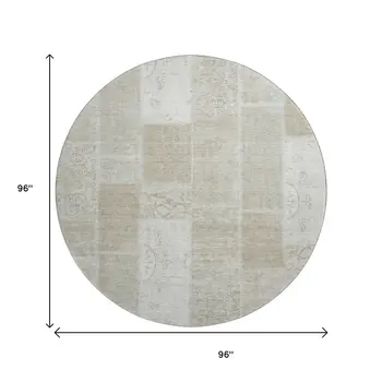 8' Taupe And Ivory Patchwork Washable Round Rug With UV Protection