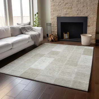 9' X 12' Taupe And Ivory Patchwork Washable Area Rug With UV Protection
