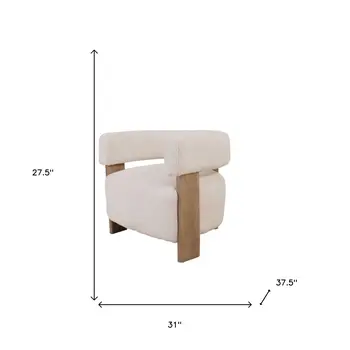 31" White and Brown Boucle and Solid Wood Arm Chair