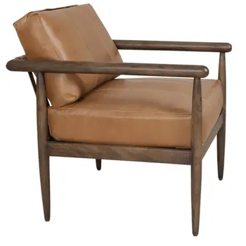 28" Brown Genuine Leather and Solid Wood Arm Chair