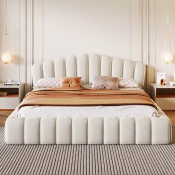 Beige and Cream Wood And Tufted Velvet Queen Bed Frame