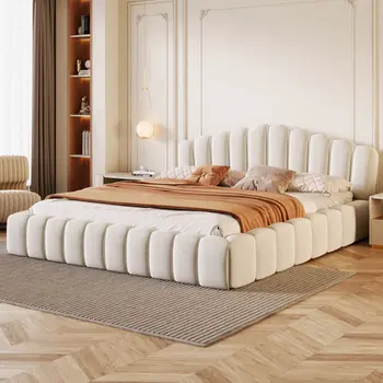 Beige and Cream Wood And Tufted Velvet Queen Bed Frame