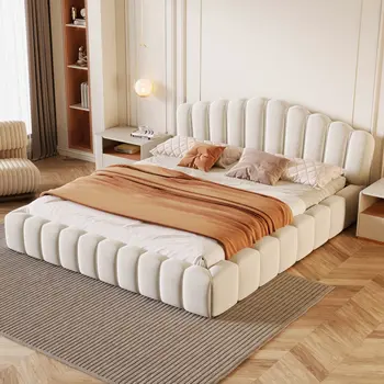 Beige and Cream Wood And Tufted Velvet Queen Bed Frame