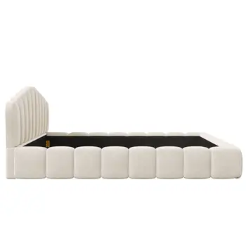 Beige and Cream Wood And Tufted Velvet Queen Bed Frame
