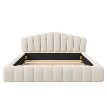 Beige and Cream Wood And Tufted Velvet Queen Bed Frame