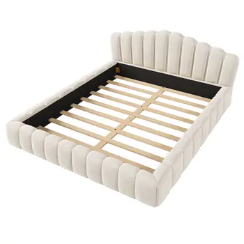 Beige and Cream Wood And Tufted Velvet Queen Bed Frame