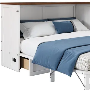 White Wood Full Murphy Bed With USB And Drawer