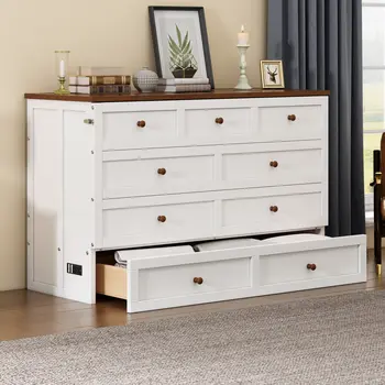 White Wood Full Murphy Bed With USB And Drawer