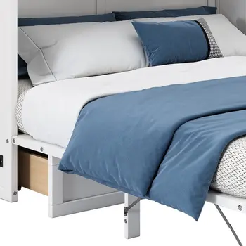 White Wood Full Murphy Bed With USB And Drawer