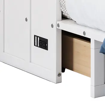 White Wood Full Murphy Bed With USB And Drawer