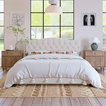 Black Beige White and Antiqued White Wood And Tufted Fabric King Bed Frame