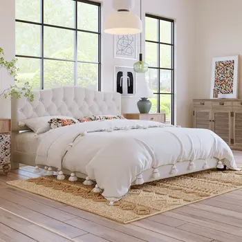 Black Beige White and Antiqued White Wood And Tufted Fabric King Bed Frame