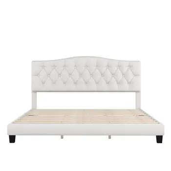 Black Beige White and Antiqued White Wood And Tufted Fabric King Bed Frame