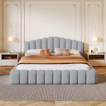 Light Blue and Sky Blue Wood And Tufted Velvet Queen Bed Frame