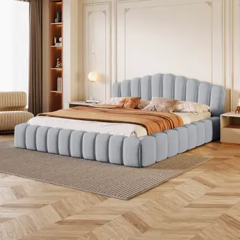 Light Blue and Sky Blue Wood And Tufted Velvet Queen Bed Frame