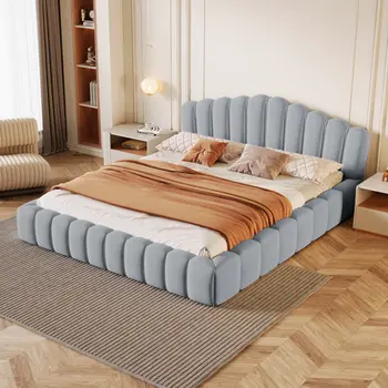 Light Blue and Sky Blue Wood And Tufted Velvet Queen Bed Frame