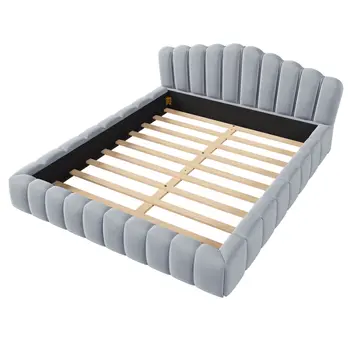 Light Blue and Sky Blue Wood And Tufted Velvet Queen Bed Frame