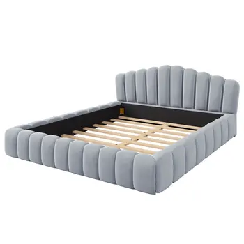 Light Blue and Sky Blue Wood And Tufted Velvet Queen Bed Frame