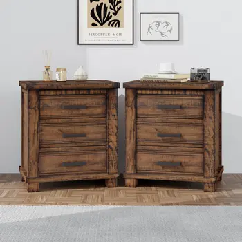 Set of Two 26" Walnut Wood Three Drawer Nightstand