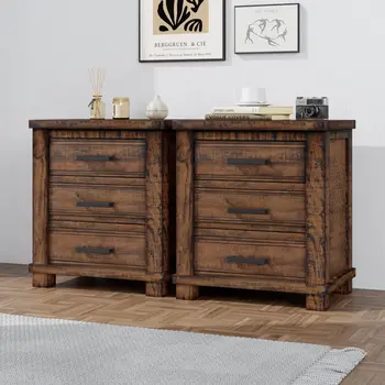 Set of Two 26" Walnut Wood Three Drawer Nightstand