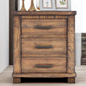Set of Two 26" Walnut Wood Three Drawer Nightstand
