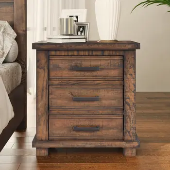 Set of Two 26" Walnut Wood Three Drawer Nightstand