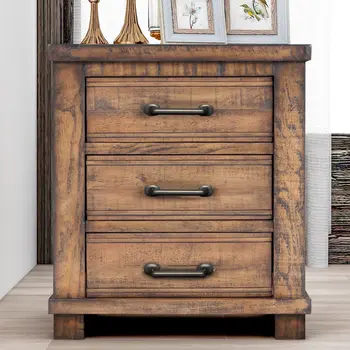 26" Walnut Wood Three Drawer Nightstand