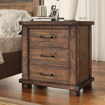 26" Walnut Wood Three Drawer Nightstand