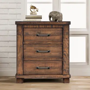 26" Walnut Wood Three Drawer Nightstand