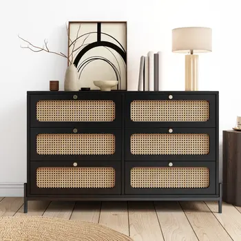47" Black Wood Six Drawer Double Dresser