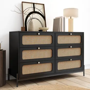 47" Black Wood Six Drawer Double Dresser