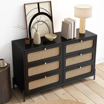 47" Black Wood Six Drawer Double Dresser