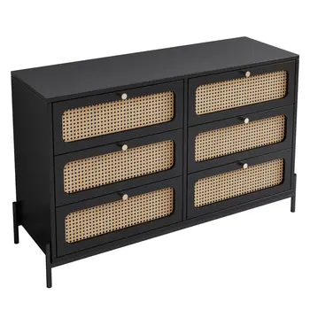 47" Black Wood Six Drawer Double Dresser
