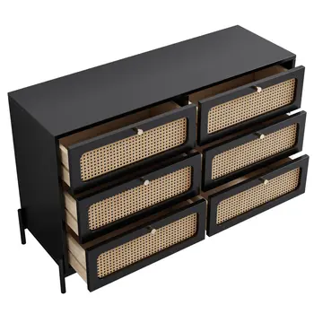 47" Black Wood Six Drawer Double Dresser