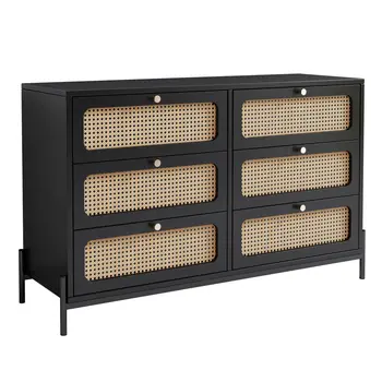 47" Black Wood Six Drawer Double Dresser
