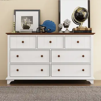 61" Walnut Wood Seven Drawer Triple Dresser