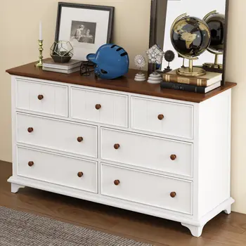 61" Walnut Wood Seven Drawer Triple Dresser