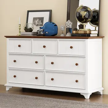 61" Walnut Wood Seven Drawer Triple Dresser
