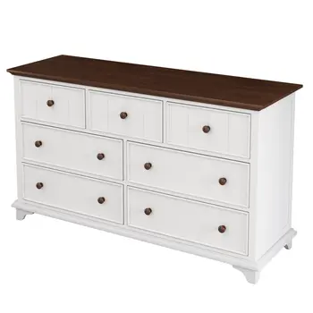 61" Walnut Wood Seven Drawer Triple Dresser