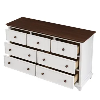 61" Walnut Wood Seven Drawer Triple Dresser