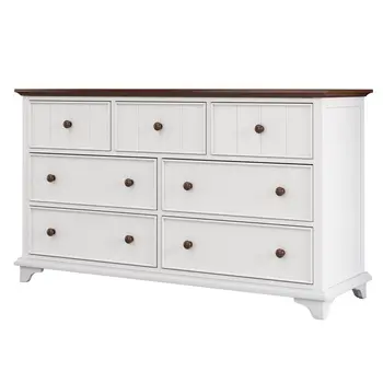61" Walnut Wood Seven Drawer Triple Dresser